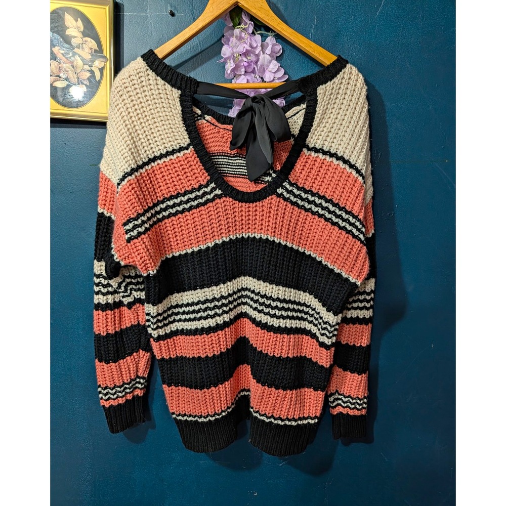 Torrid Striped Cable Knit V-Neck Pullover Sweater Bow Tie Neck Size 00